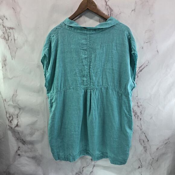Lands End Shirt Womens Large P Blue Linen Short Sleeve Boxy Pockets Cuffed V - Picture 5 of 10